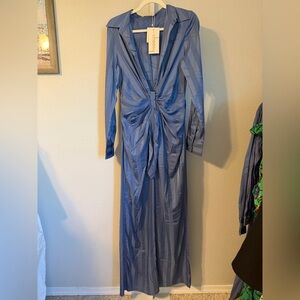 Choosy Satin Blue Striped Long-Sleeve Jumpsuit‎ Size 6